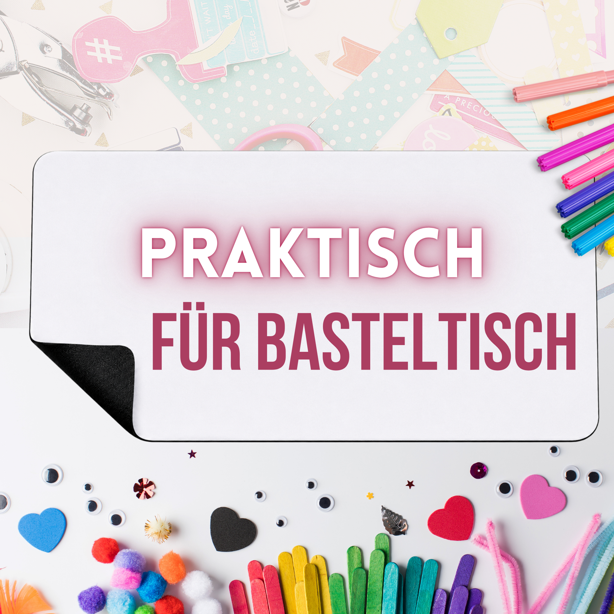 Praktische Bastelunterlage mit bunten Bastelmaterialien.