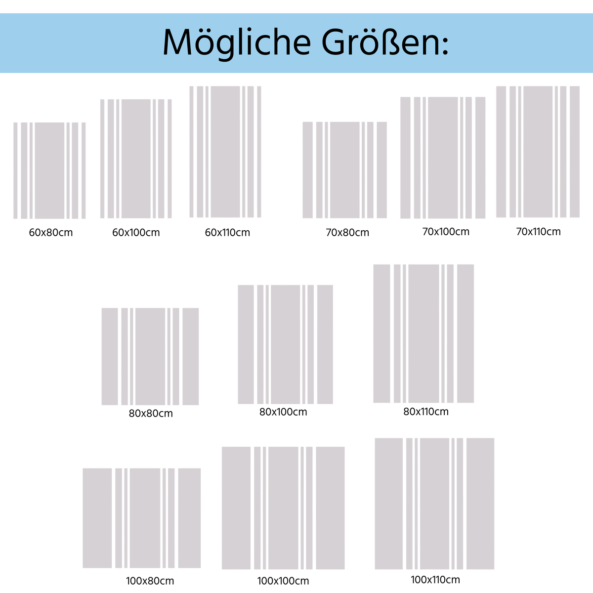 Mögliche Größen von gestreiften Wandbildern in Grau.