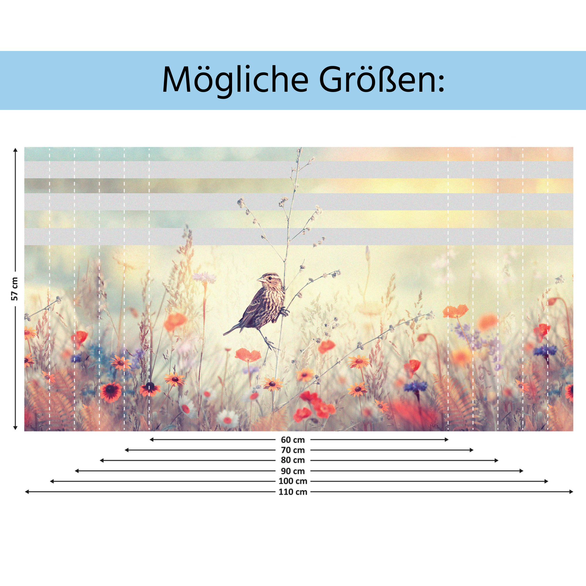 Vogel auf blühendem Feld, sanfte Farben, verschiedene Größen.