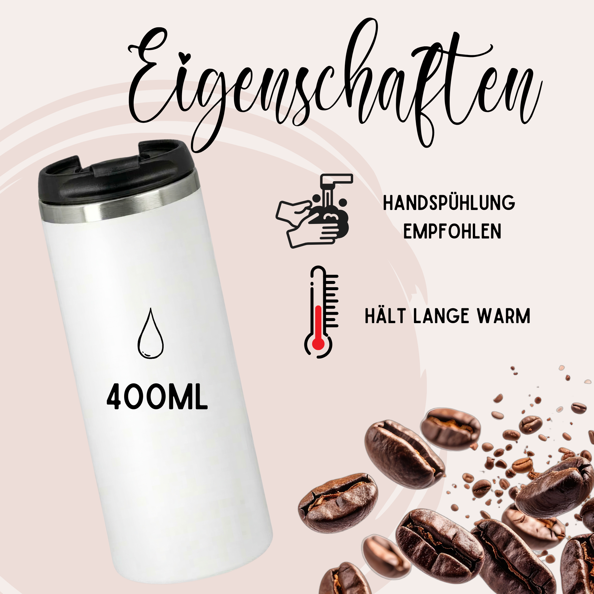 Weißer Thermobecher, 400ml, hält lange warm.