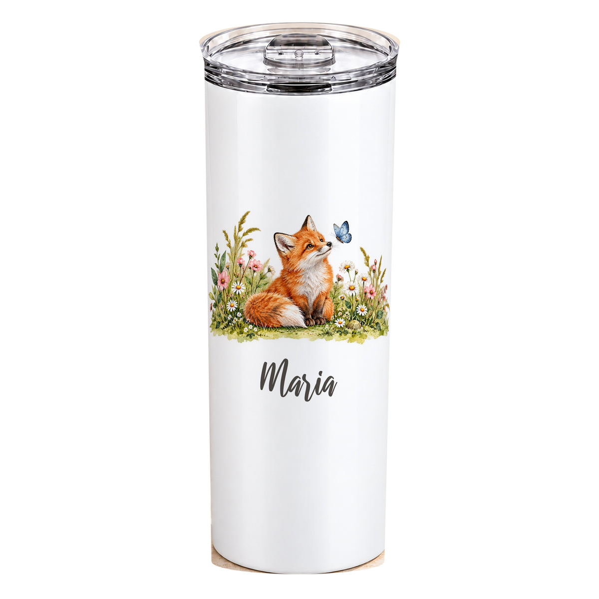 Weißer Thermobecher mit Fuchs-Motiv und Wunschname, vollständig vor weißem Hintergrund.