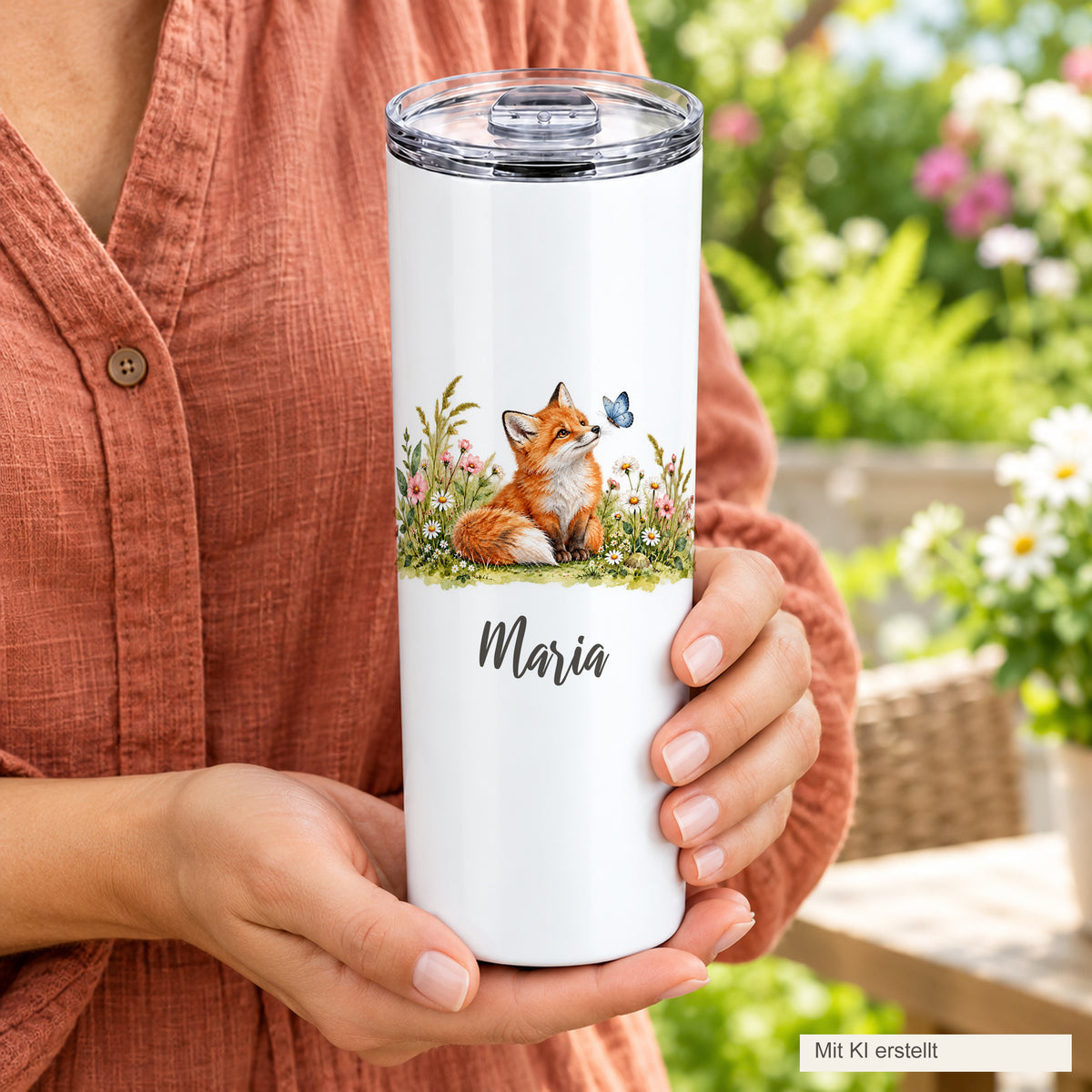 Eine erwachsene Person hält den weißen Thermobecher mit Fuchs-Motiv und Wunschname in beiden Händen.