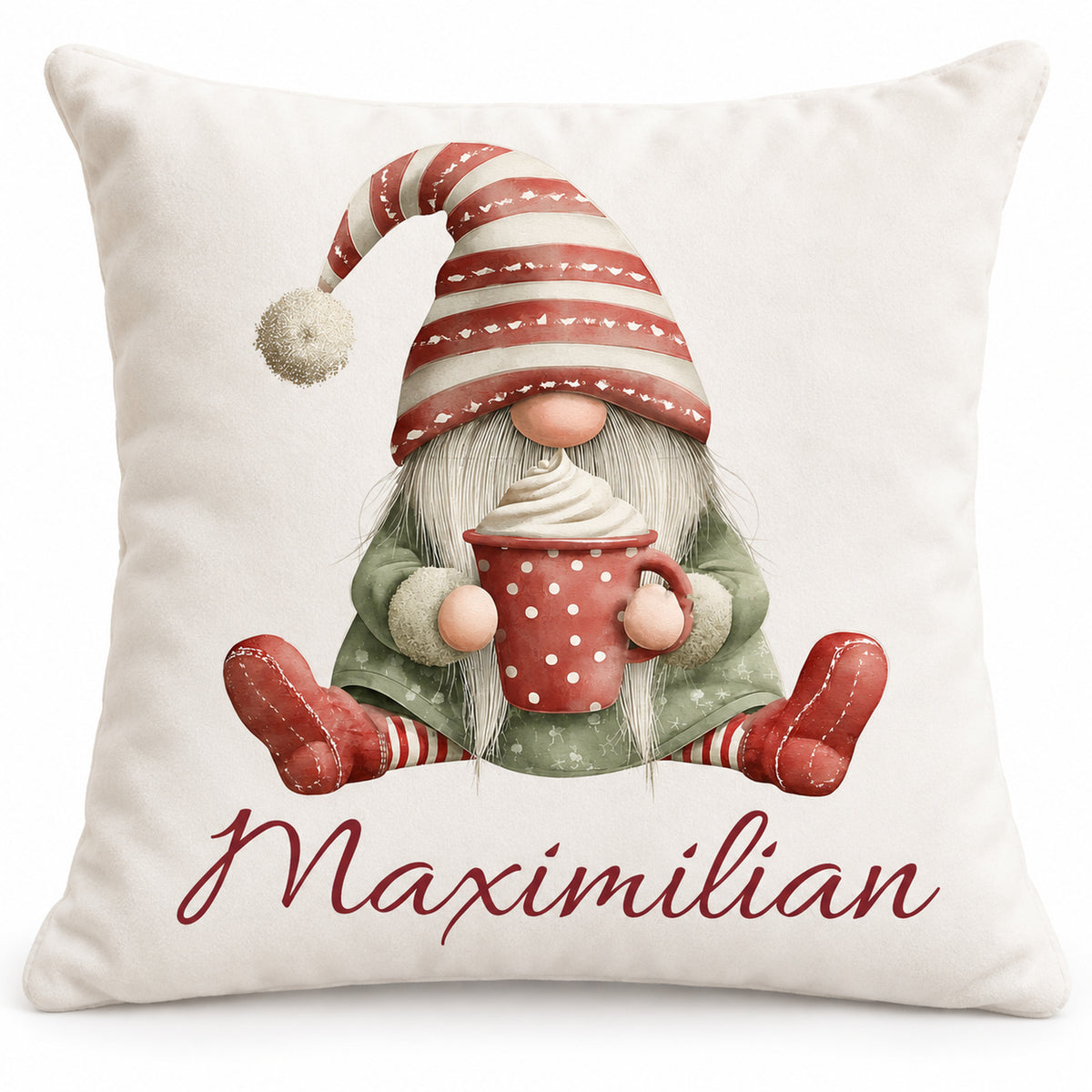 Weihnachtswichtel-Kissenbezug Kakaozeit, 40 × 40 cm, mit Beispielname Maximilian: Produktansicht.