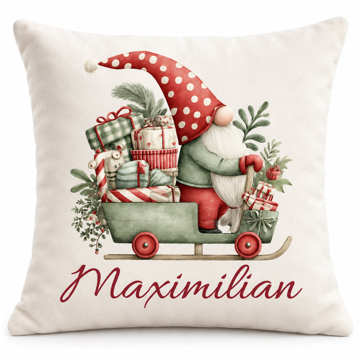 Weihnachtswichtel-Kissenbezug Geschenkschlitten, 40 × 40 cm, mit Beispielname Maximilian: Produktansicht.