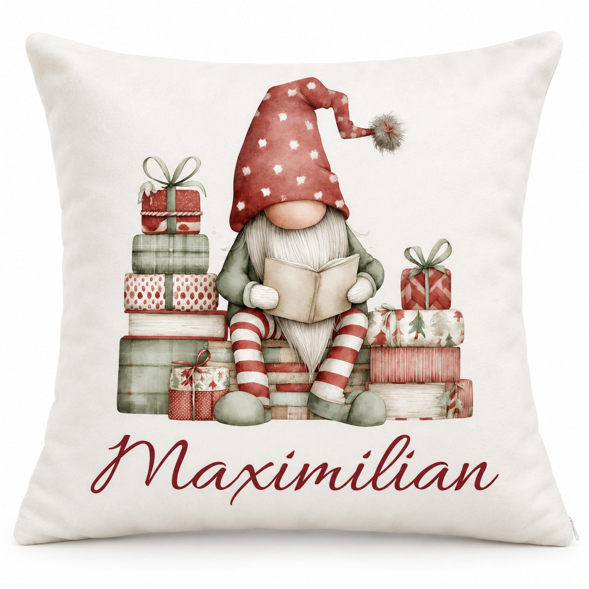 Weihnachtswichtel-Kissenbezug Gemütliche Lesestunde, 40 × 40 cm, mit Beispielname Maximilian: Produktansicht.