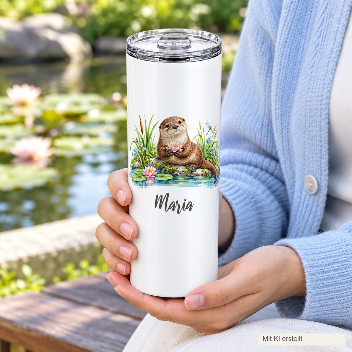 Eine erwachsene Person hält den weißen Thermobecher mit Otter-Motiv und Wunschname in beiden Händen.