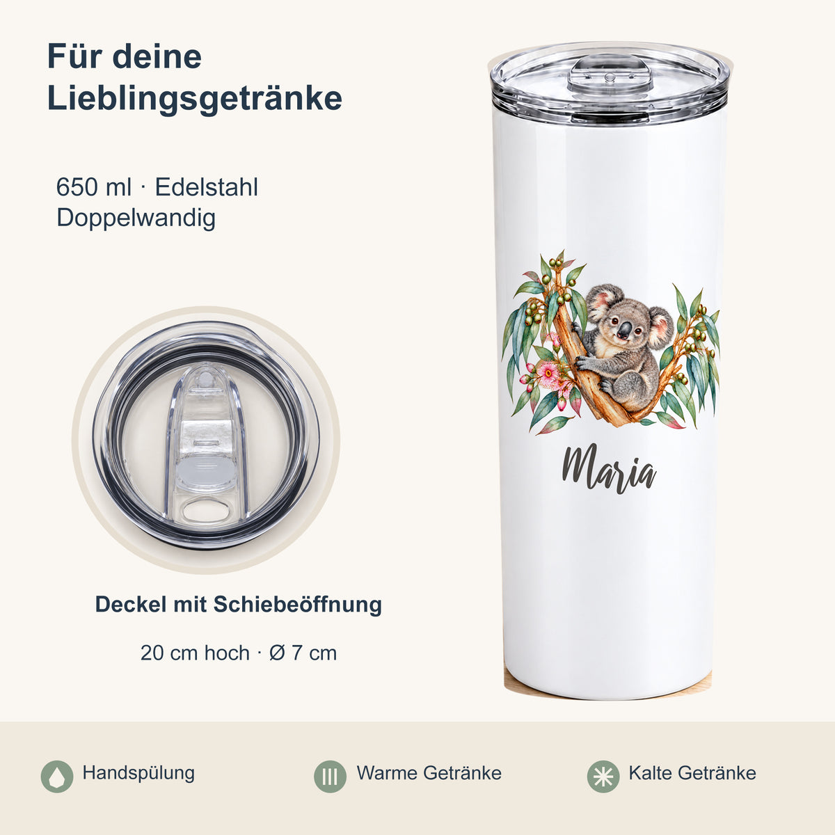 Produktübersicht zum Thermobecher mit Koala-Motiv: 650 ml, doppelwandiger Edelstahl, 20 cm Höhe, 7 cm Durchmesser und Handspülung.