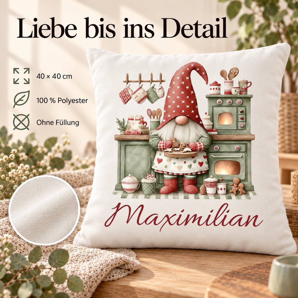 Weihnachtswichtel-Kissenbezug Weihnachtsbäckerei, 40 × 40 cm, mit Beispielname Maximilian: Produktinformationen.