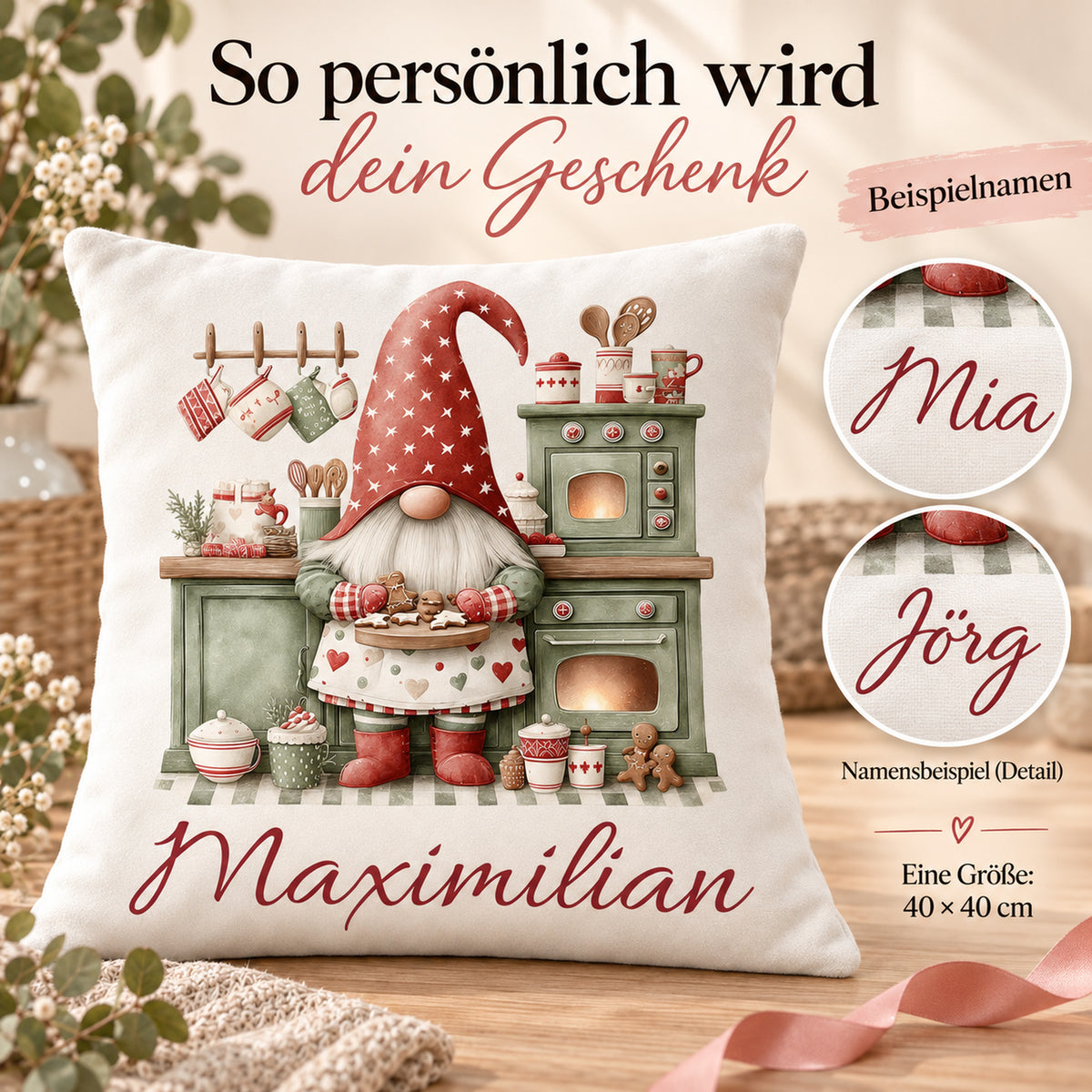 Weihnachtswichtel-Kissenbezug Weihnachtsbäckerei, 40 × 40 cm: Personalisierungsbeispiele.