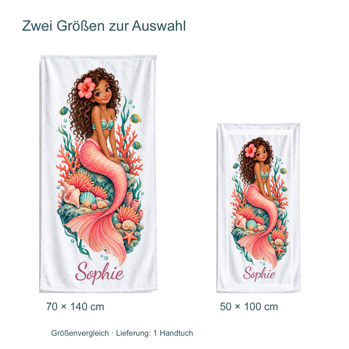 Größenvergleich des Handtuchs Korallengarten: 70 × 140 cm und 50 × 100 cm; Lieferung umfasst ein Handtuch.