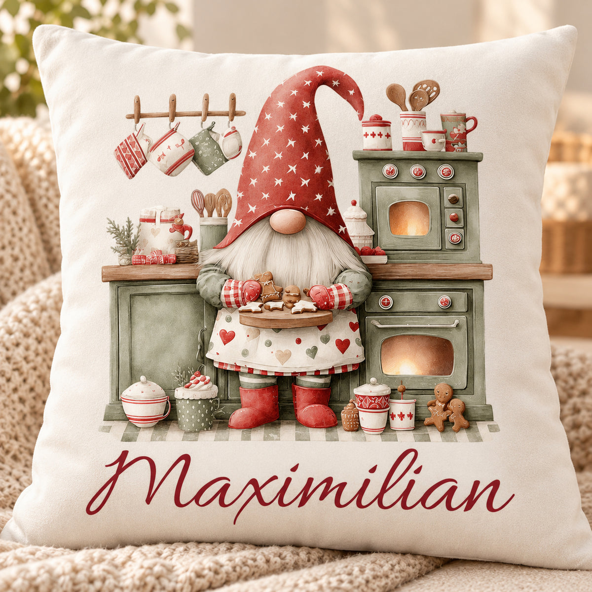 Weihnachtswichtel-Kissenbezug Weihnachtsbäckerei, 40 × 40 cm: Motivdetail.