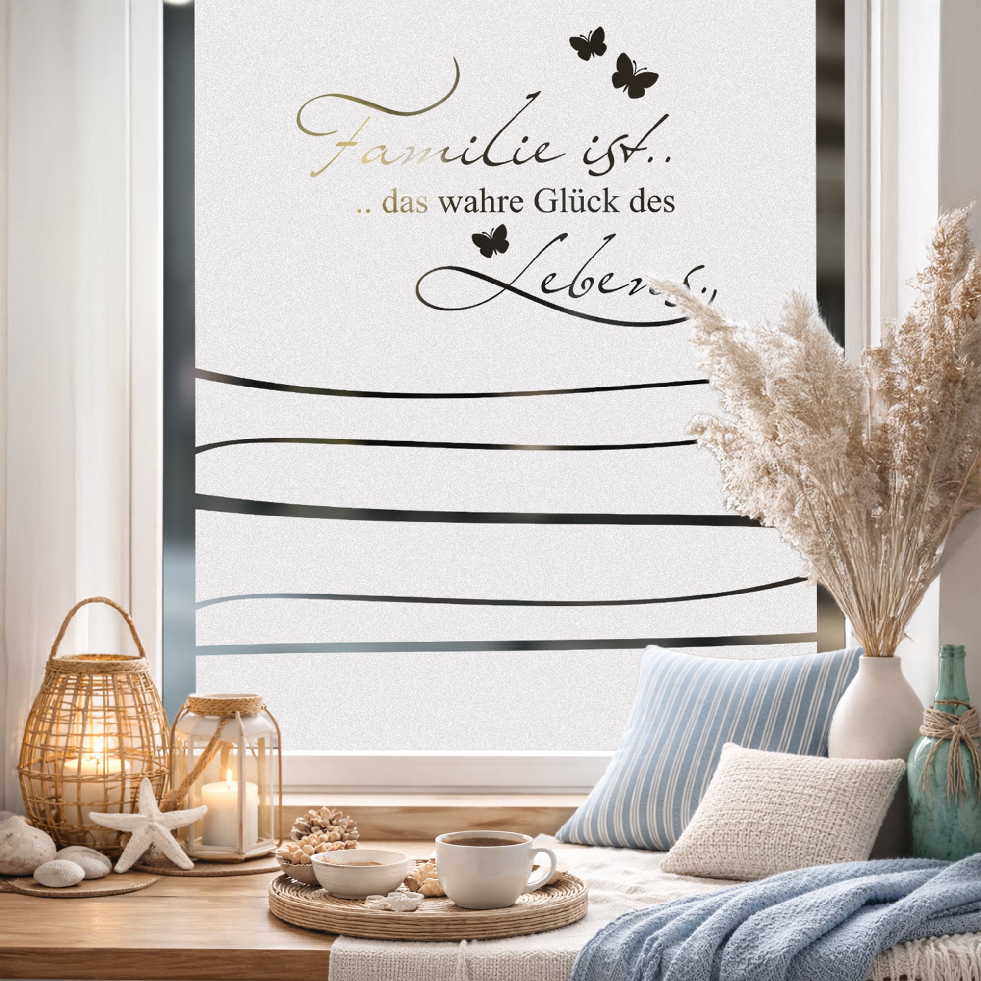 Fensterfolie mit Spruch Familie ist das wahre Glück, Fensterdekoration