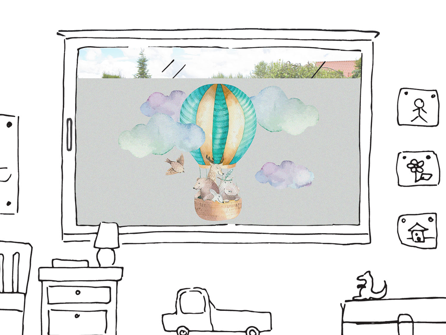 Bunte Luftballonfahrt mit Wolken und Tieren.