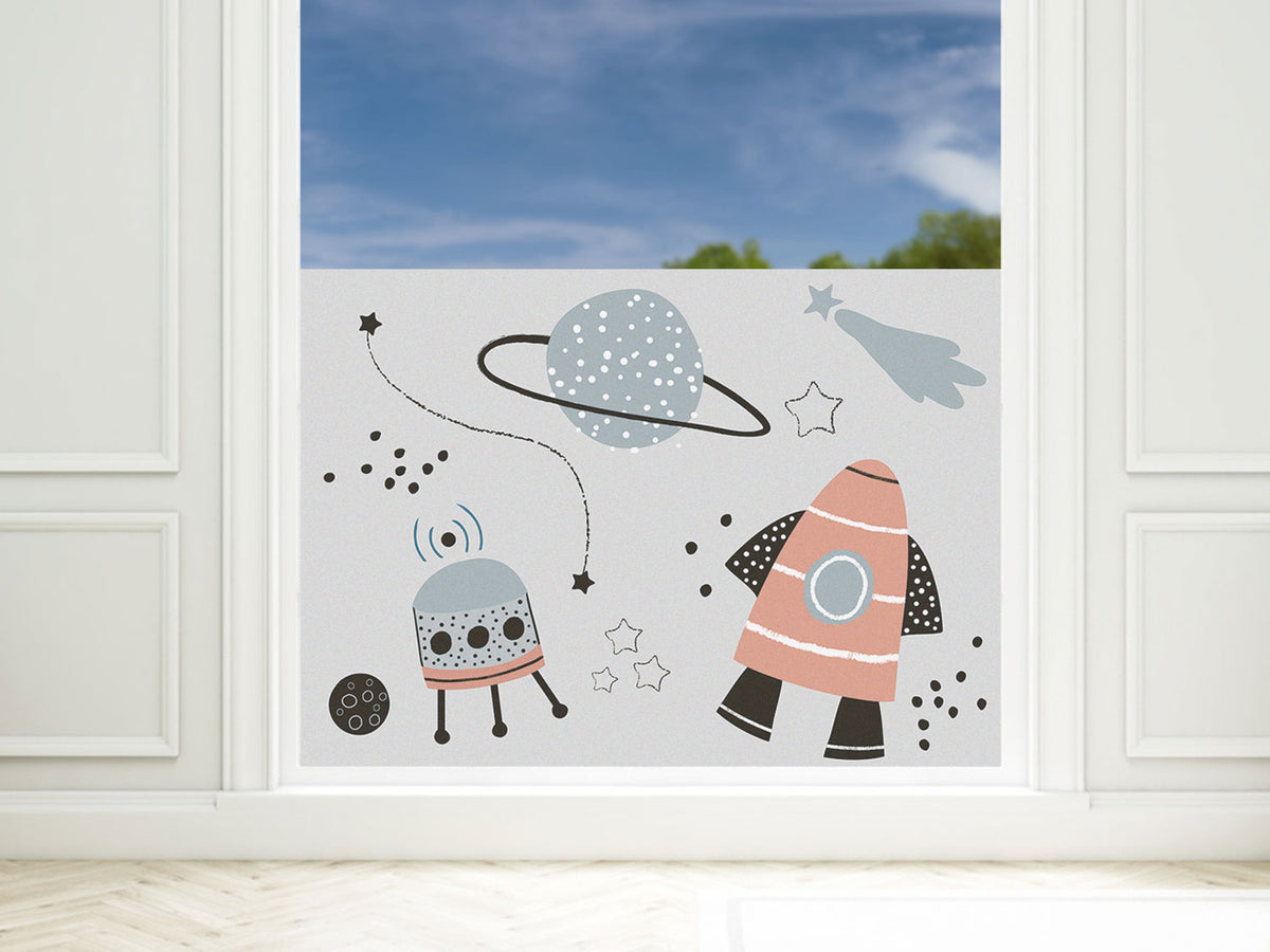 Rakete, Roboter und Planet in Pastellfarben.