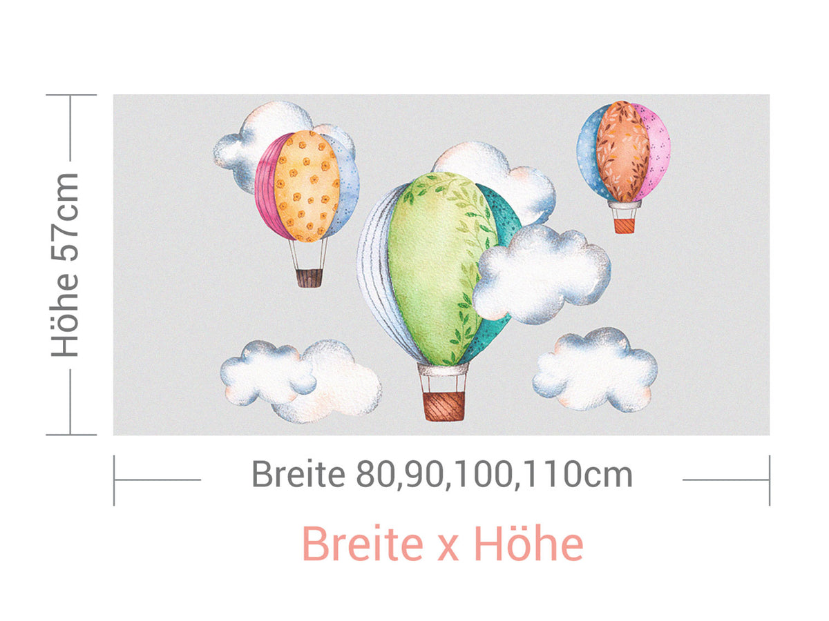 Bunte Heißluftballons mit Wolken, verschiedene Größen.