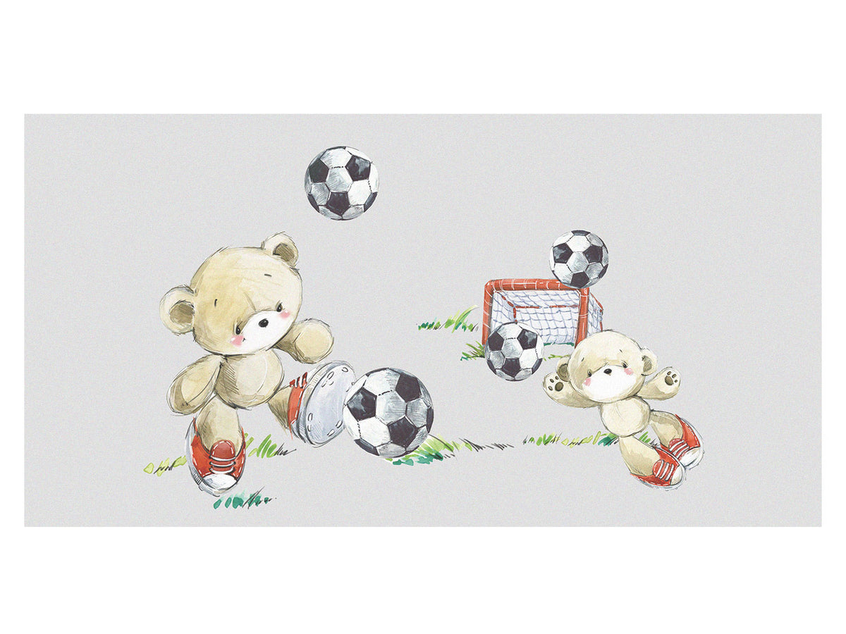 Zwei Bären mit Fußball, grauer Hintergrund, bunte Details.