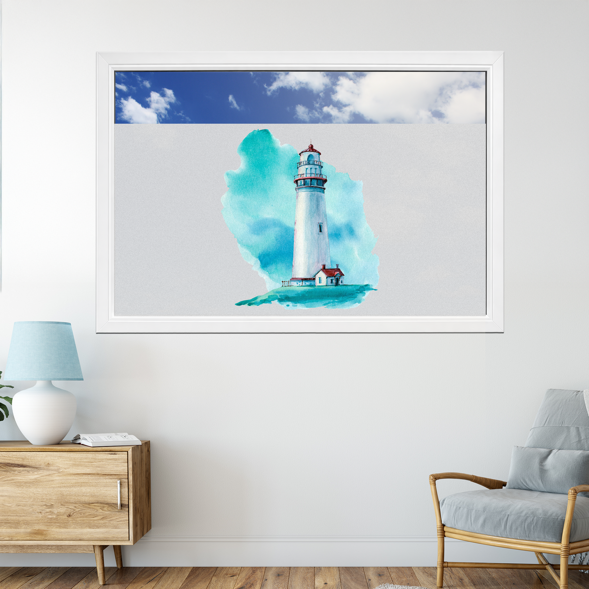 Wasserturm in Aquarell, blau und weiß, moderne Wohnraumgestaltung.