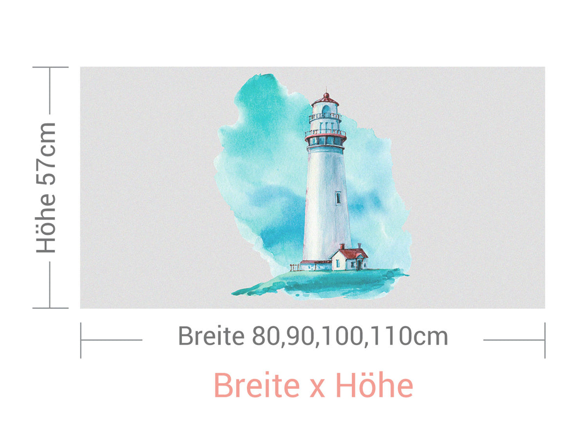 Leuchtturm in Wasserfarben, blau und weiß, 57 cm hoch.