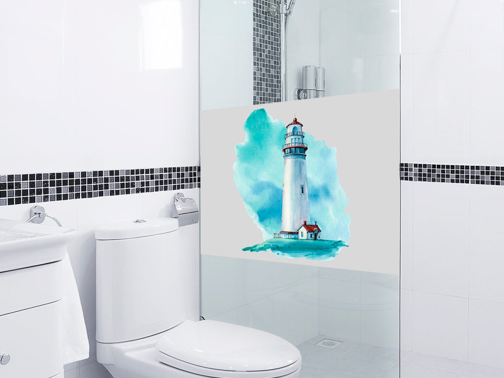 Badezimmer-Duschabtrennung mit leuchtendem Leuchtturm-Motiv.