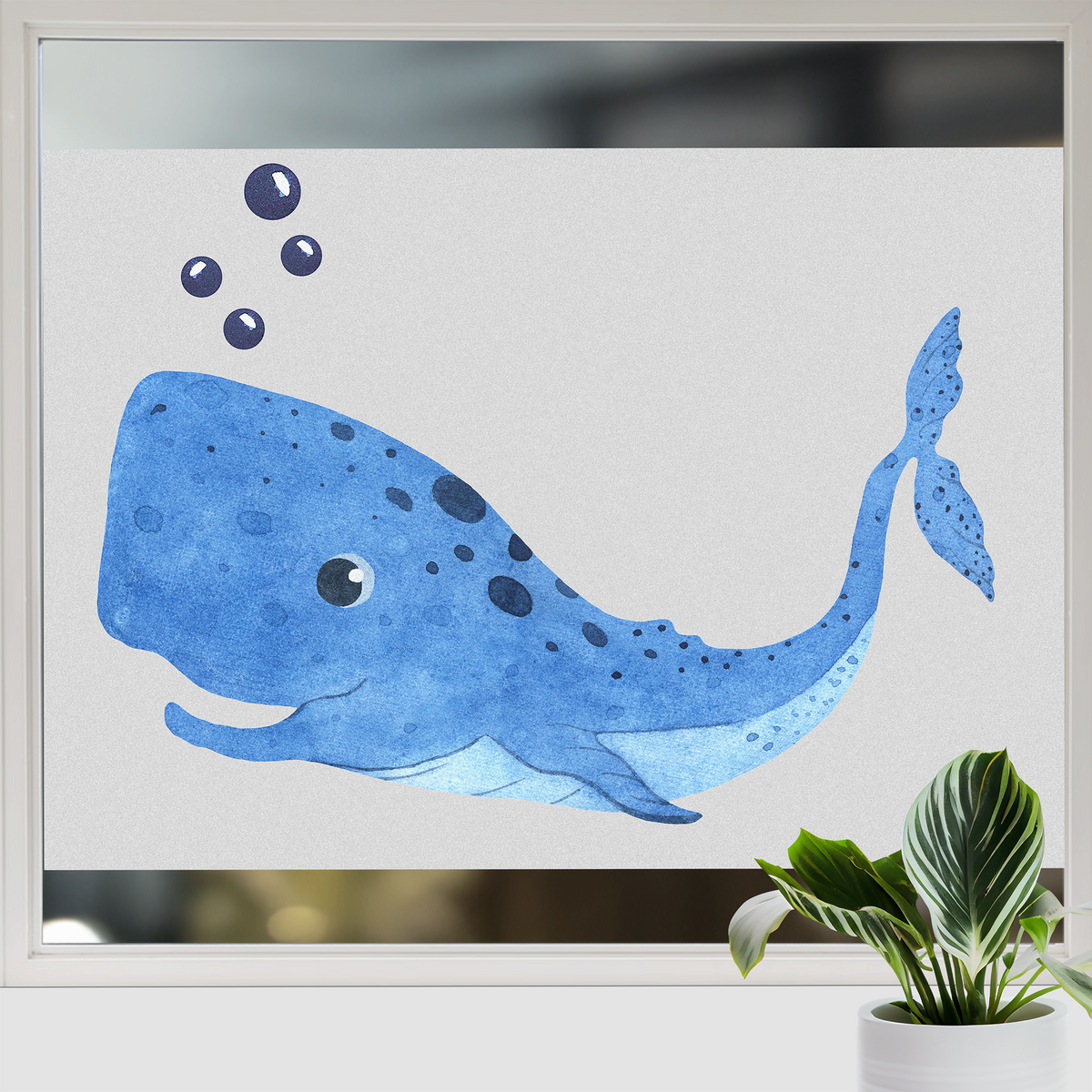 Blauer Wal mit Blasen, aquarellartige Darstellung.