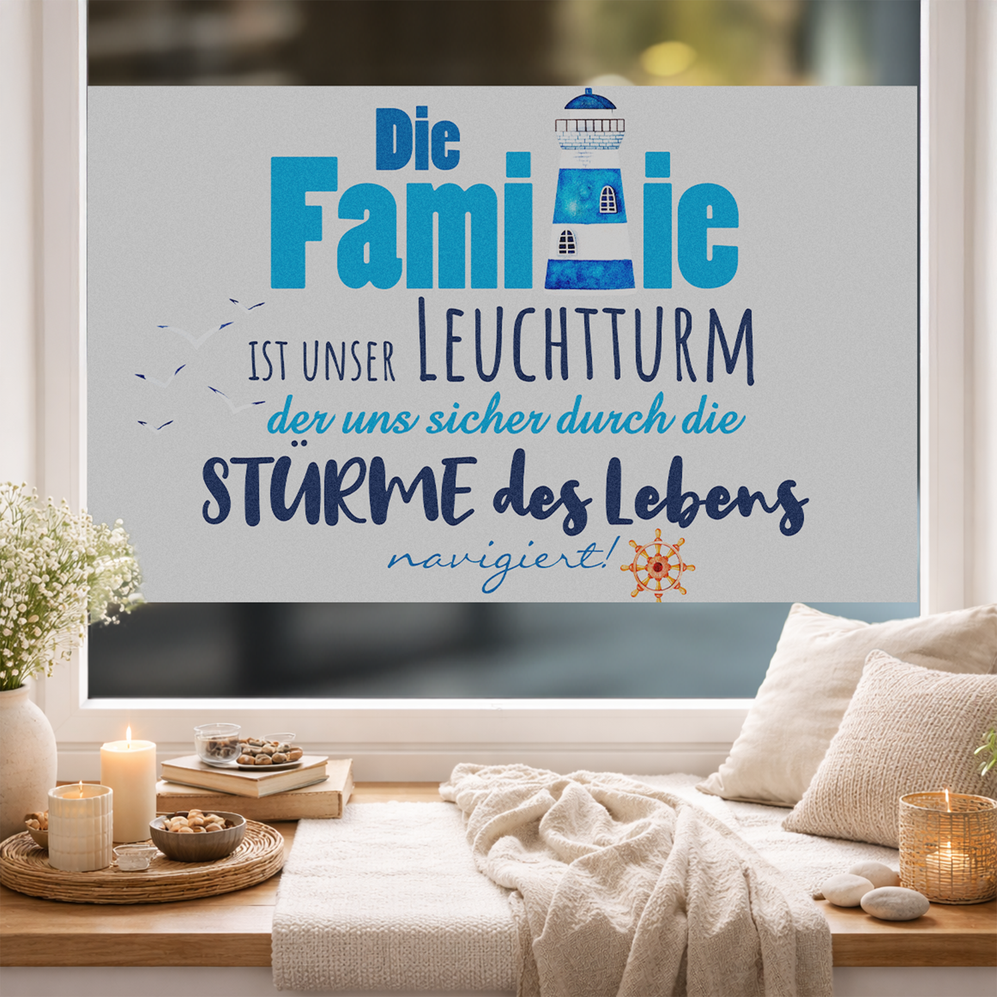 Wanddeko mit Leuchtturm, blau und weiß, Familienmotto.