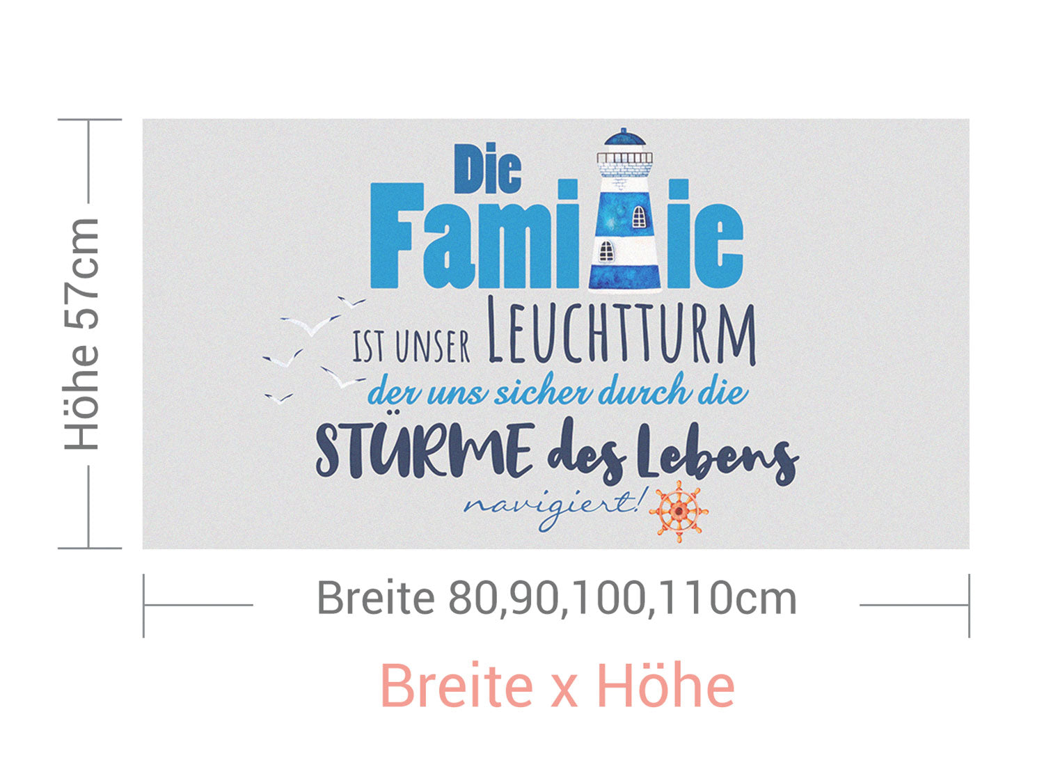Wanddeko Leuchtturm in Blau und Weiß, Familienmotto.