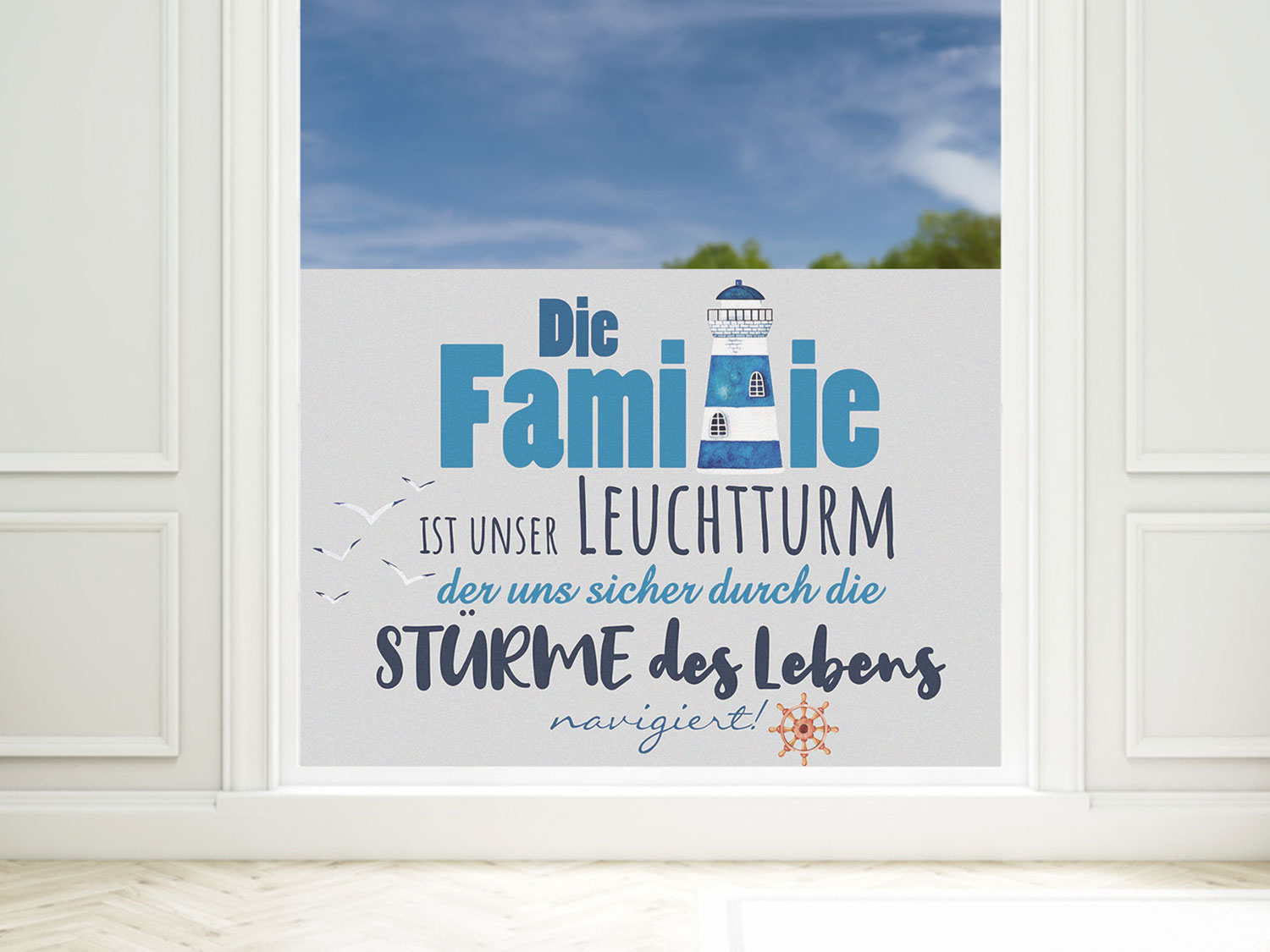 Familien-Leuchtturm-Poster in Blau und Grau.