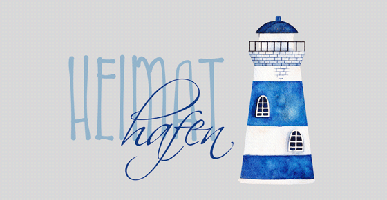 Blauer Leuchtturm mit Schriftzug "Heimat Hafen".