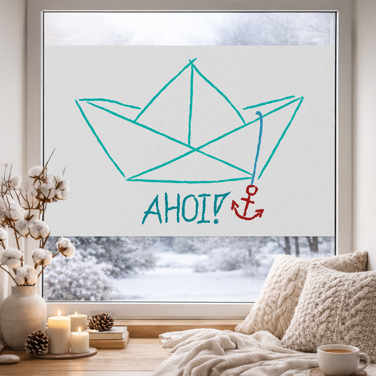 Papierboot in Türkis mit rotem Anker und "AHOI!"