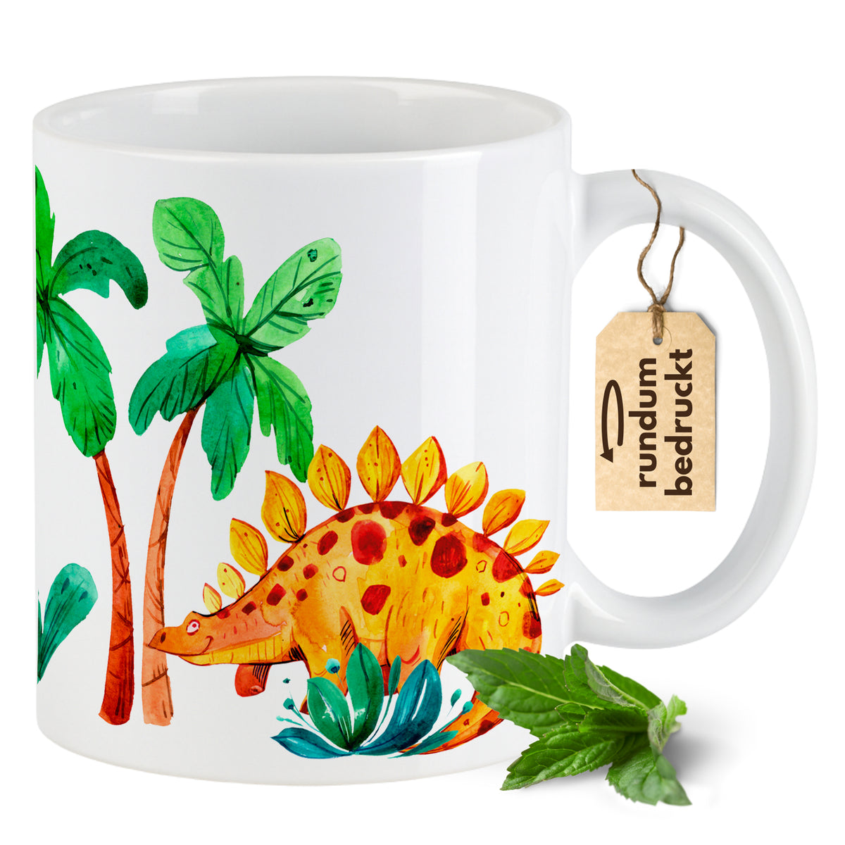 Bunte Dinosaurier-Tasse mit grünen Pflanzenmotiven.