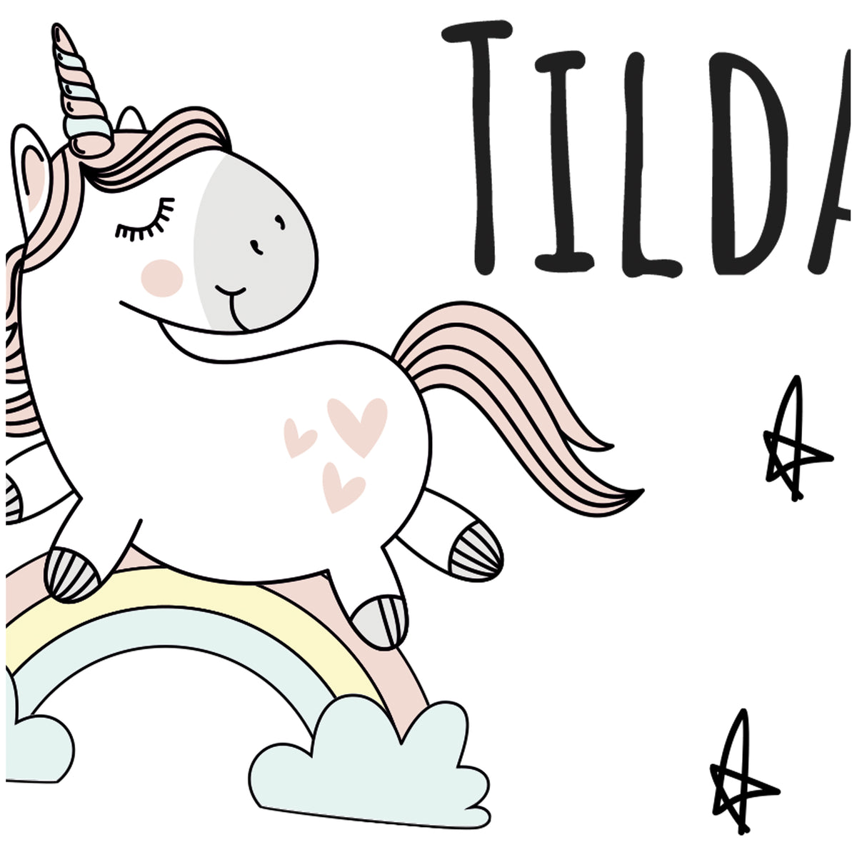 Einhorn mit rosa Mähne und Regenbogen, Schriftzug "TILDA".