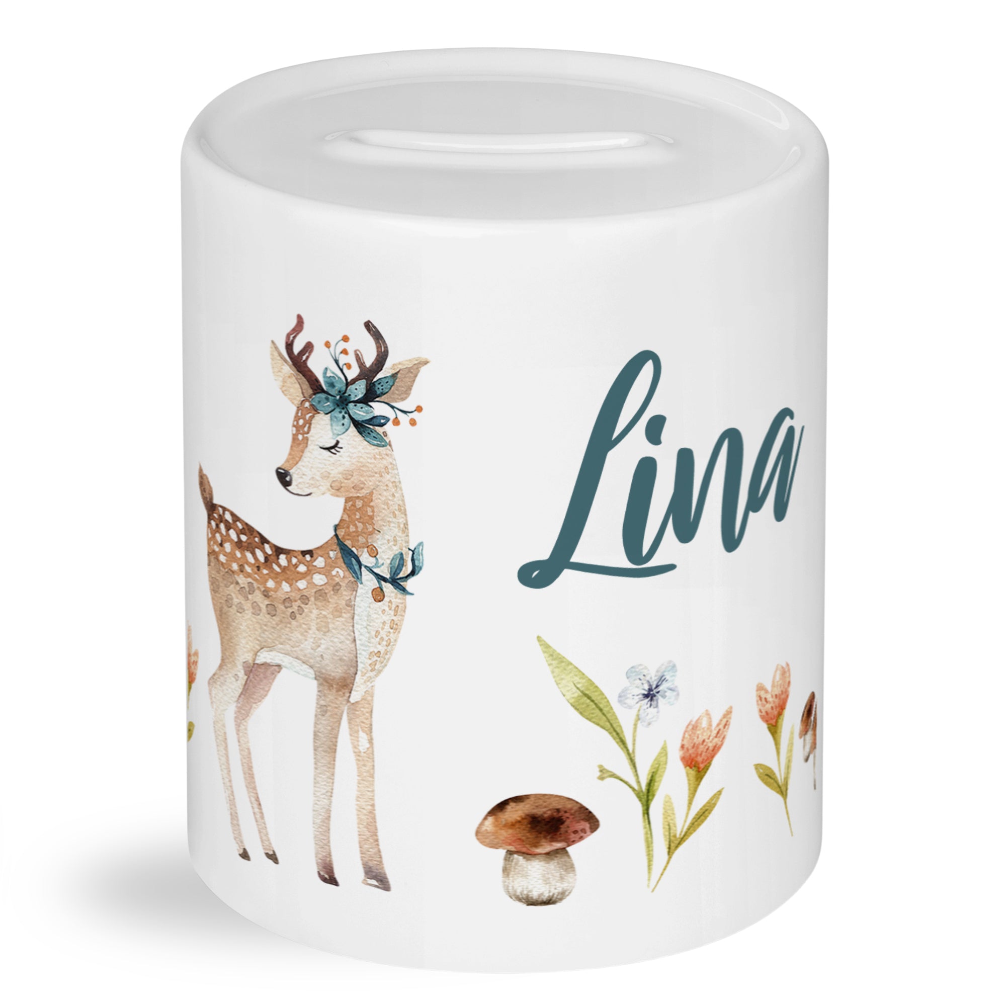 Weißer Spardose mit Reh-Motiv und Blumen, personalisiert mit "Lina".