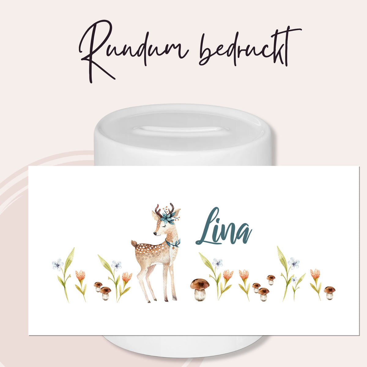 Personalisierte Tasse mit Reh-Motiv und Blumen in Pastellfarben.