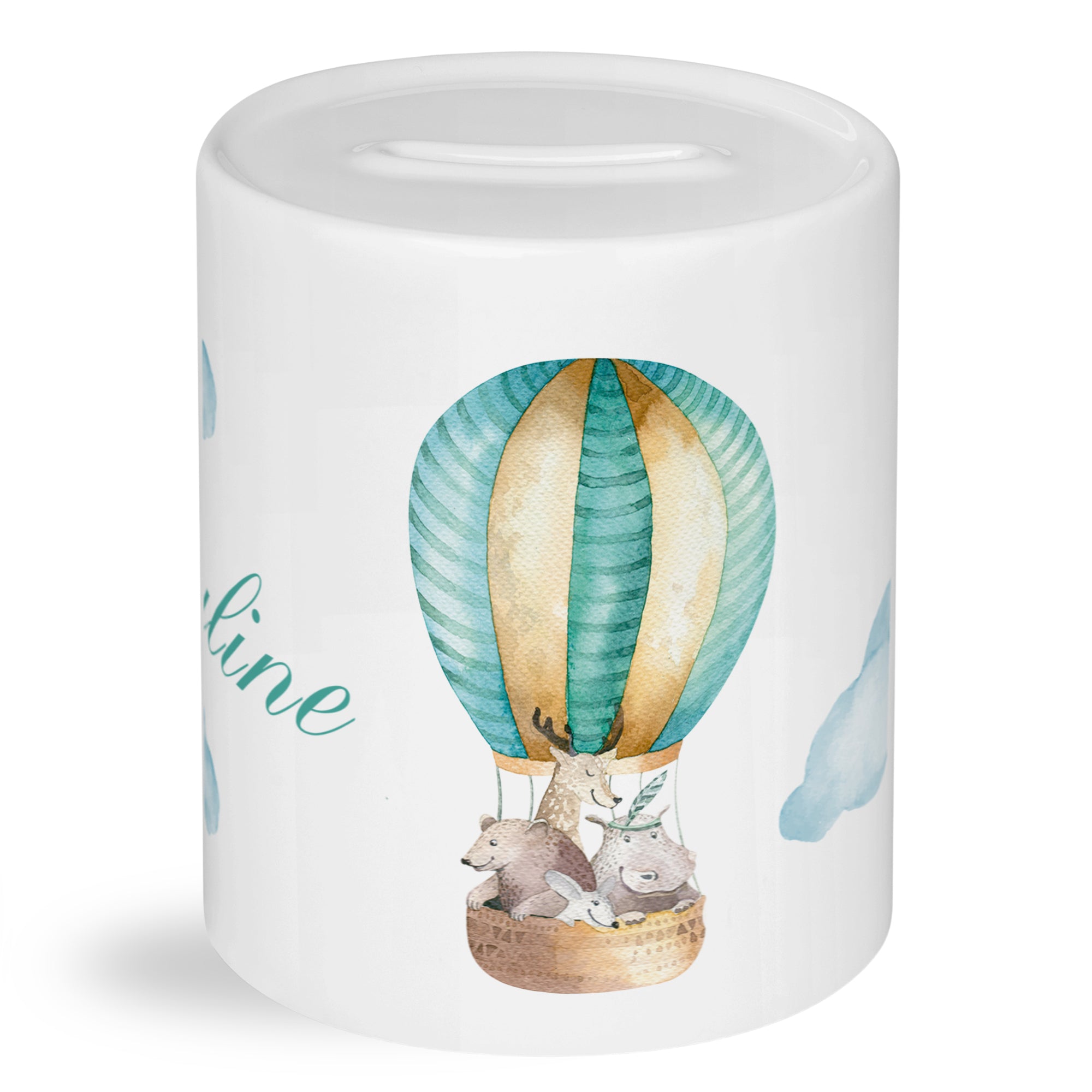 Spardose mit buntem Heißluftballon und Tieren.