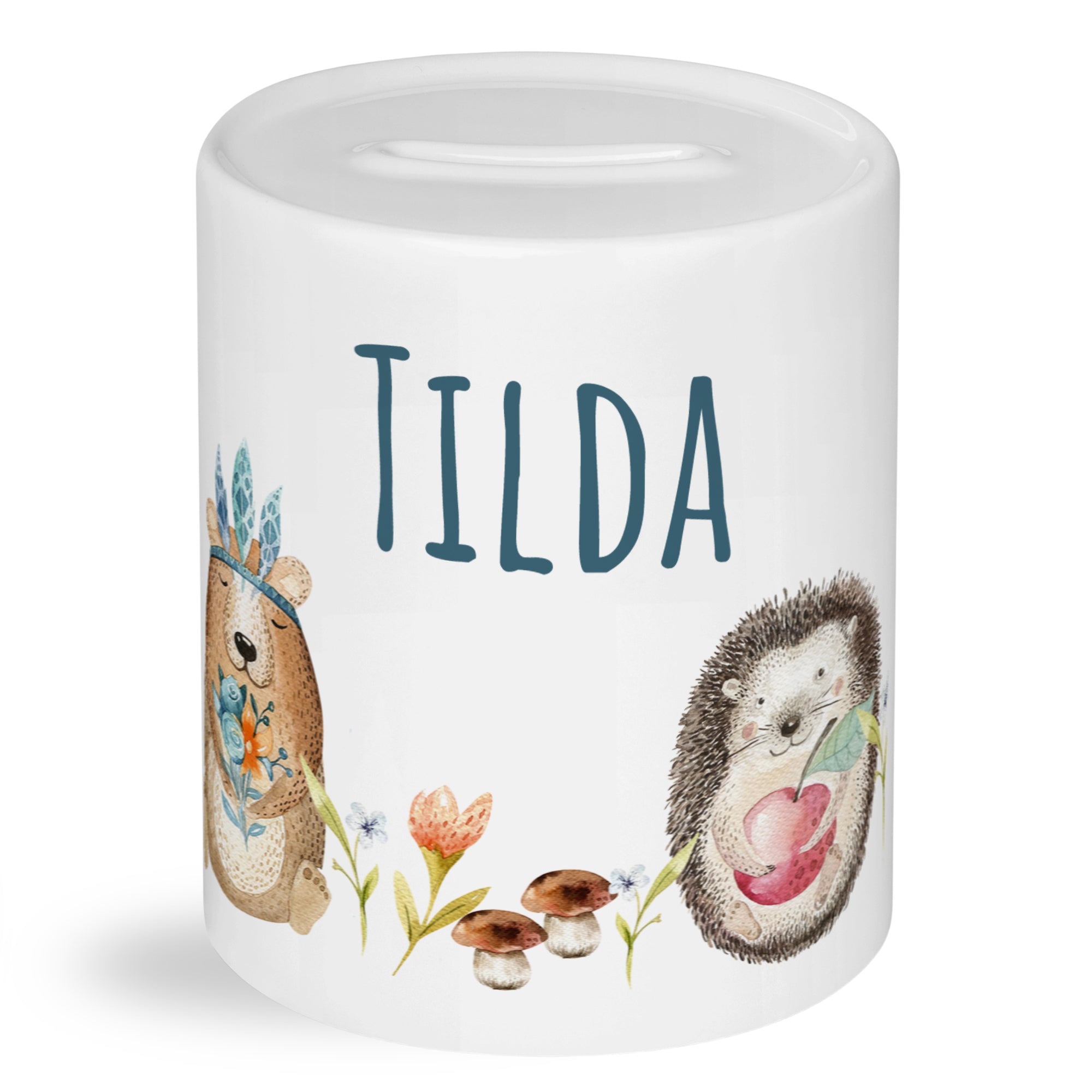 Weißes Sparschwein mit Igel- und Bärenmotiven, "TILDA".