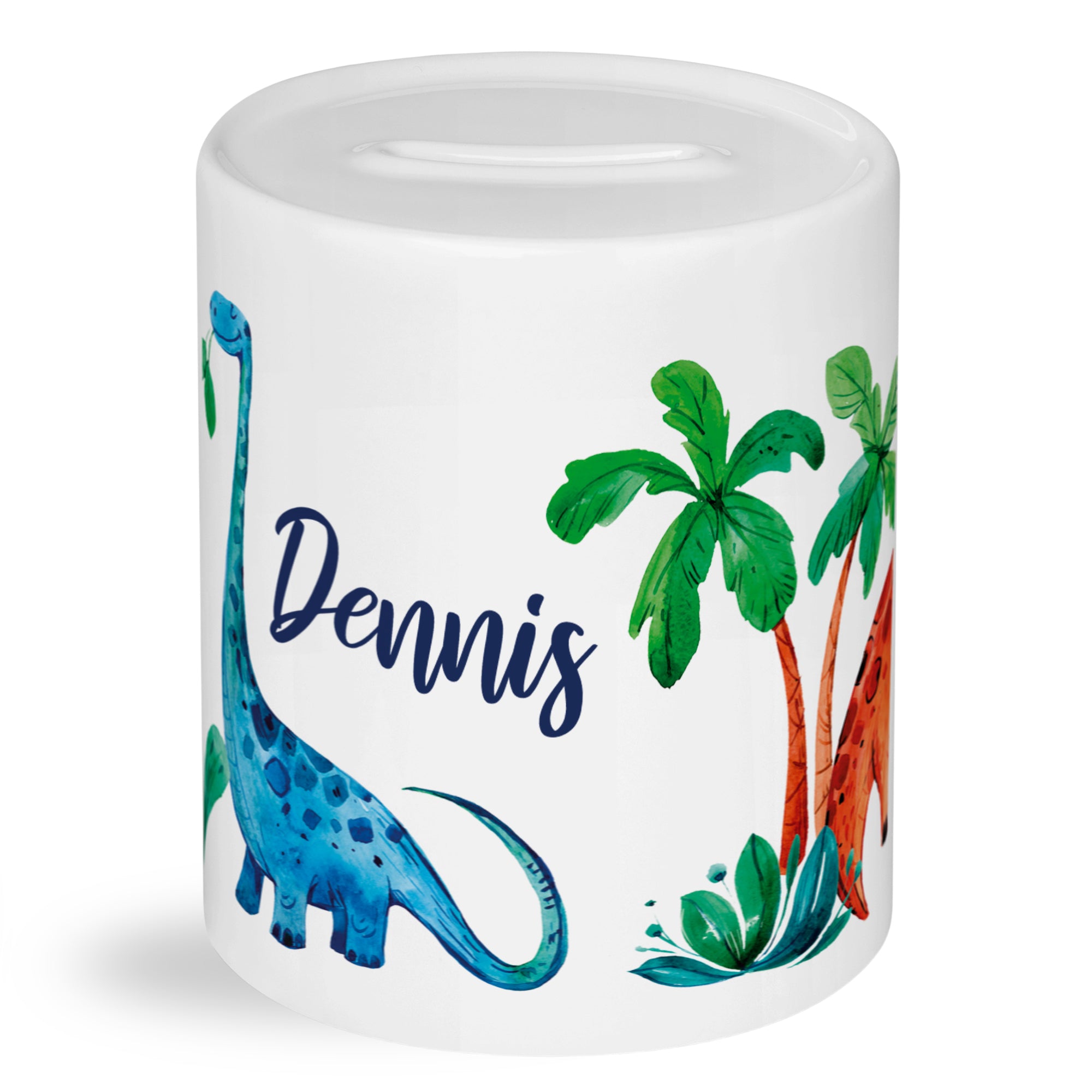 Spardose mit Dinosauriern und Namen "Dennis" in bunten Farben.