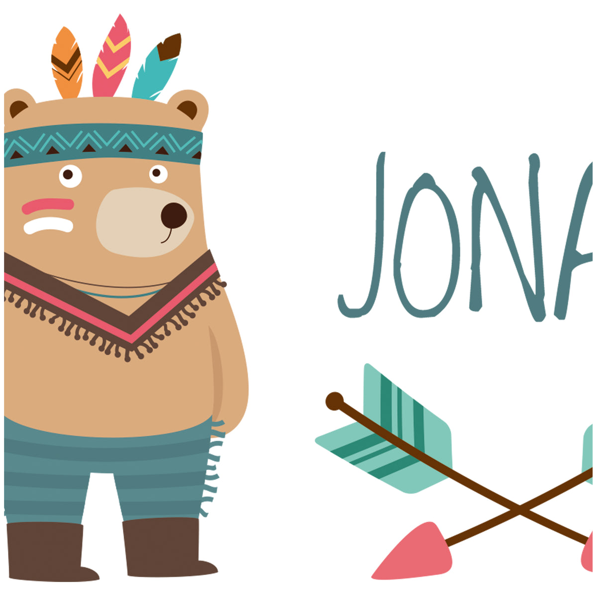 Bär mit Federn, blauem Outfit und dem Namen "JONAS".