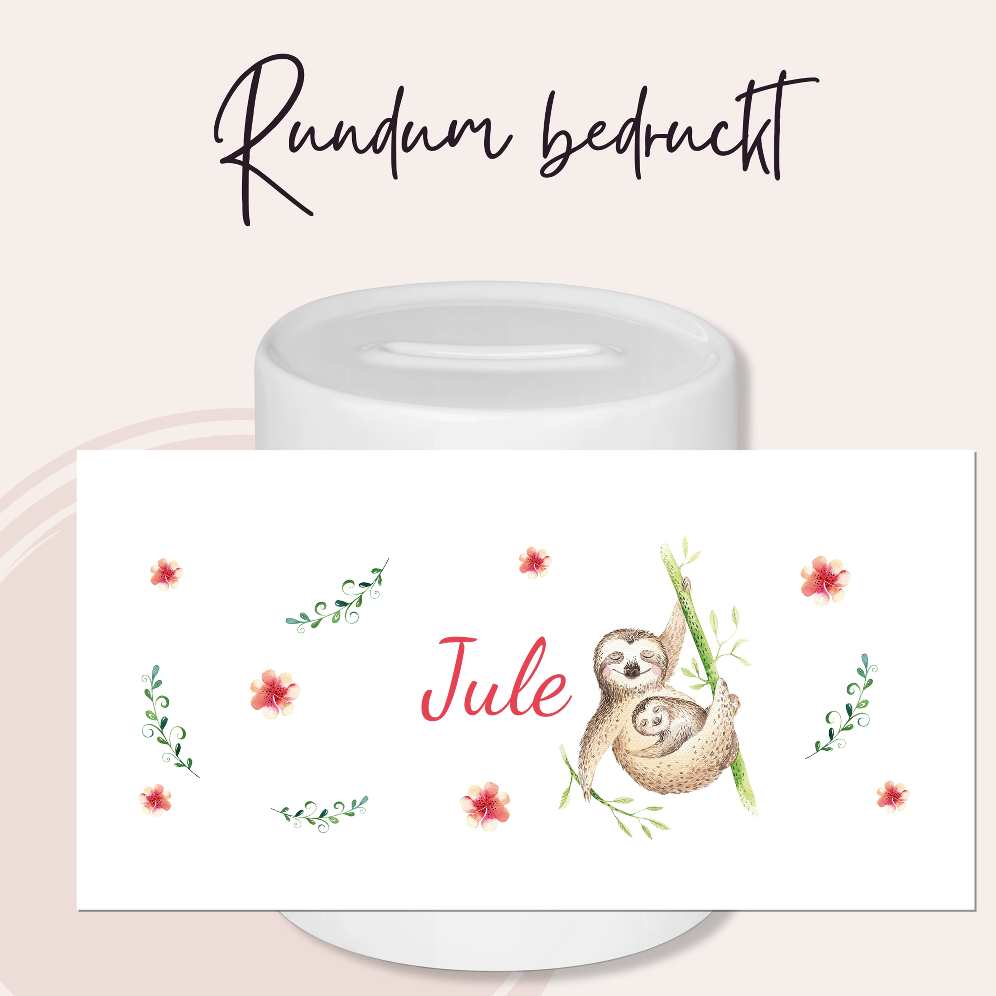 Runde Spardose mit Faultieren und Blumenmotiv, personalisiert für Jule.