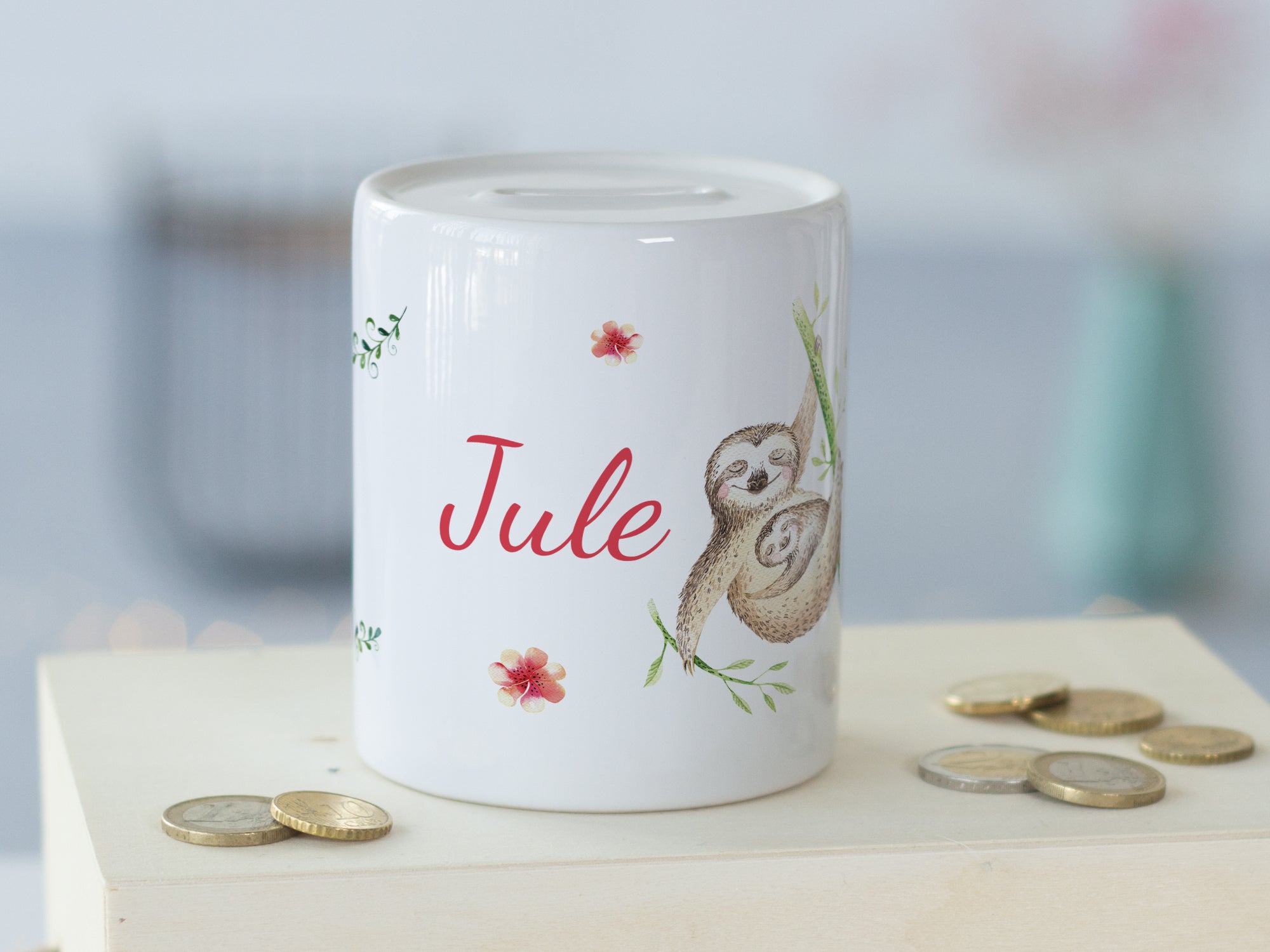 Spardose mit Faultier-Motiv und dem Namen "Jule".