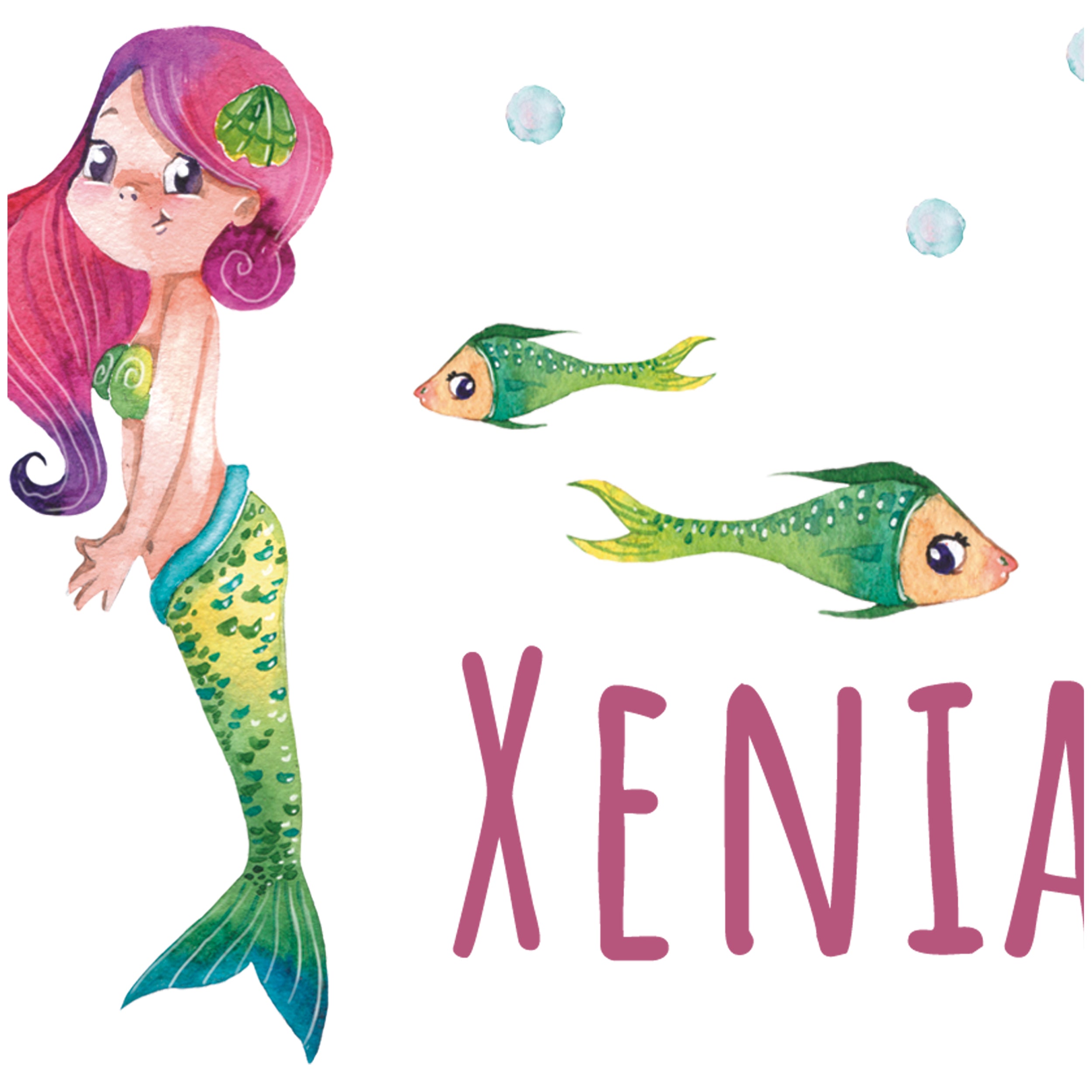 Mermaid Xenia mit lila Haar und grüner Schwanz, schwimmende Fische.