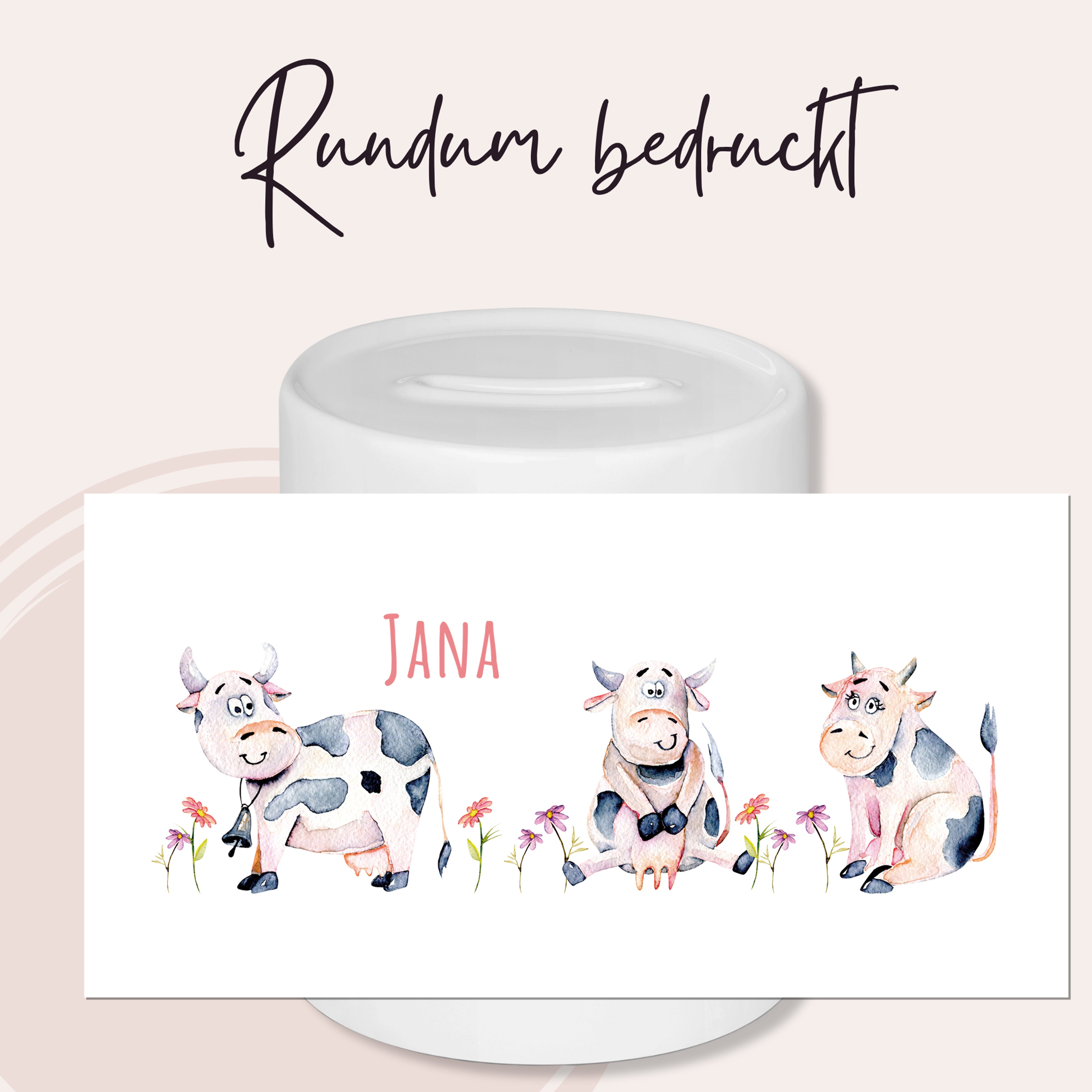 Kaffeetasse mit bunten Kühen und dem Namen Jana.