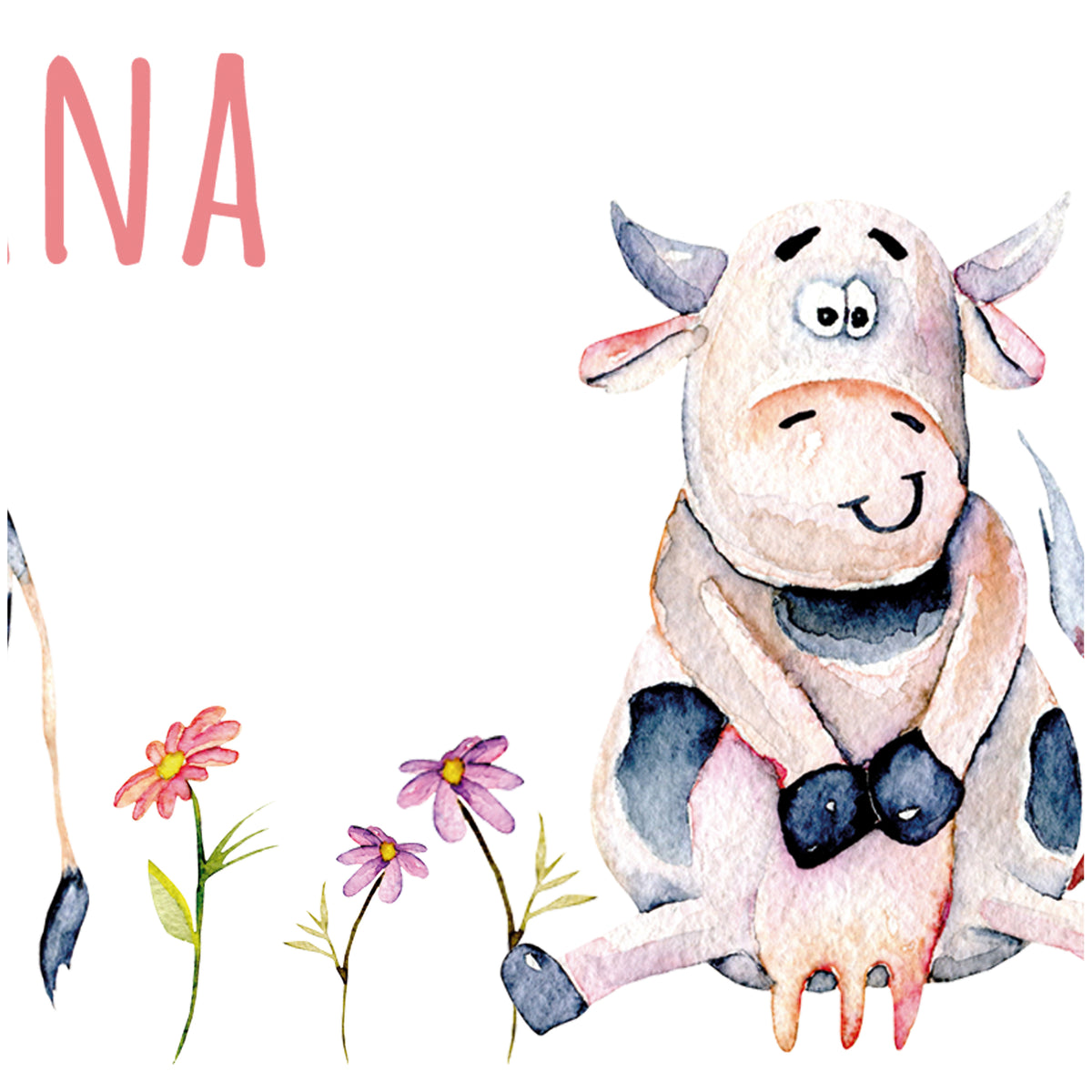 Kuh in Aquarell, sitzend, umgeben von Blumen.