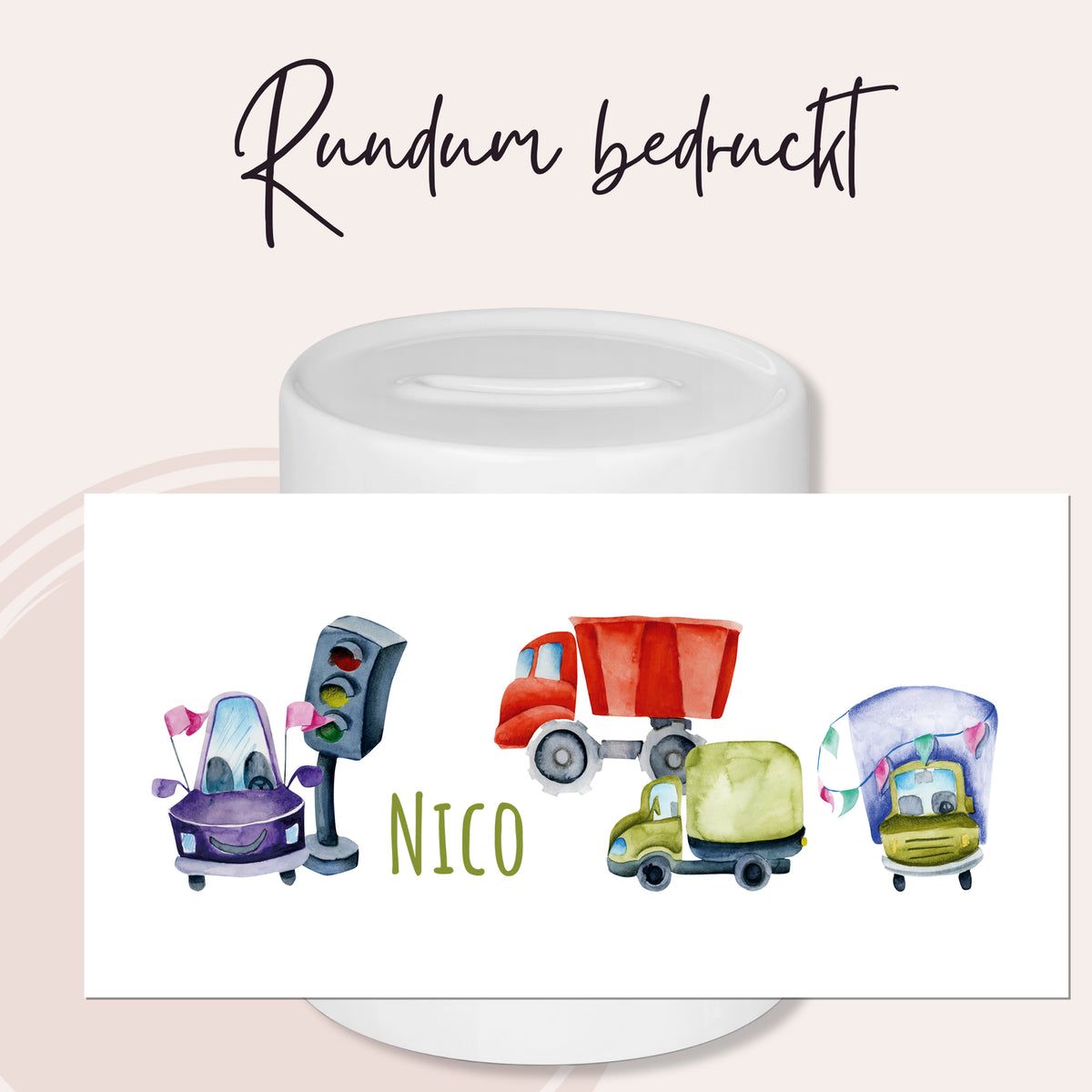 Wasserfarbene Fahrzeuge und Ampel, personalisiert mit "Nico".