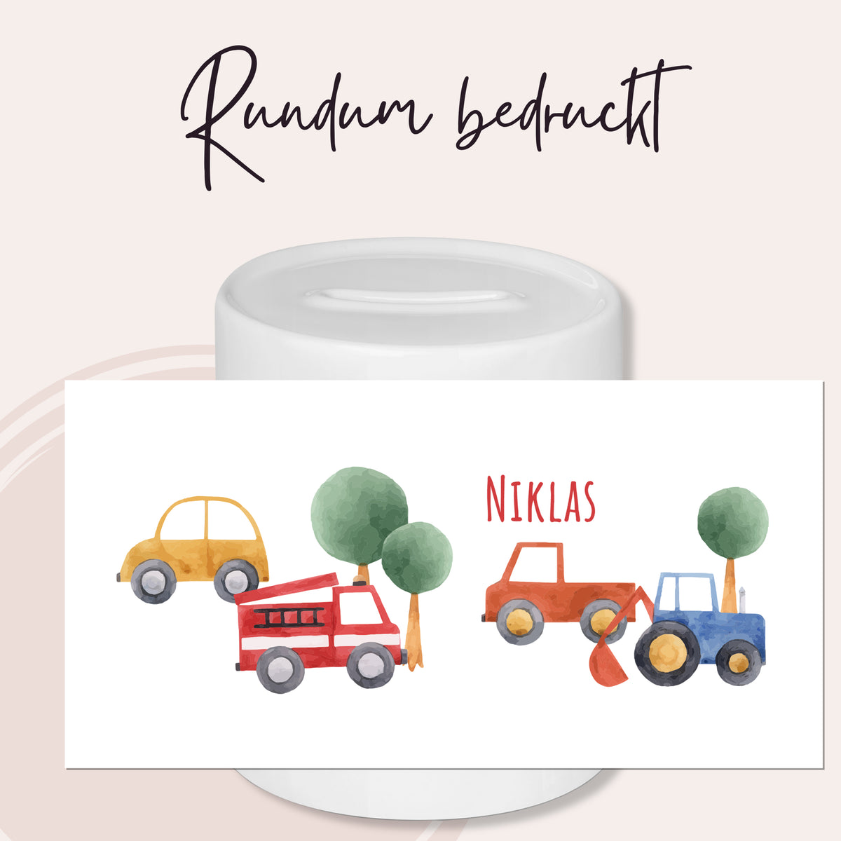 Rundum bedruckte Tasse mit bunten Fahrzeugen und Namen "Niklas".
