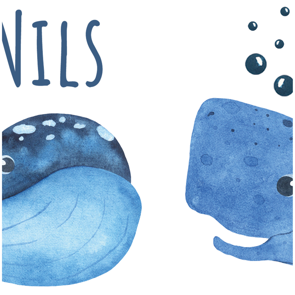 Zwei blaue Wale mit Wasserblasen und Schriftzug.