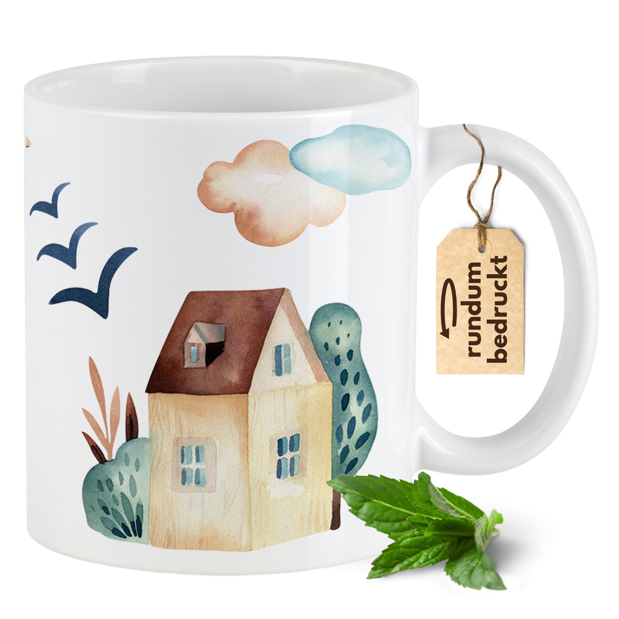 Kaffeetasse mit Hausmotiv, pastellfarben, handgemalt.
