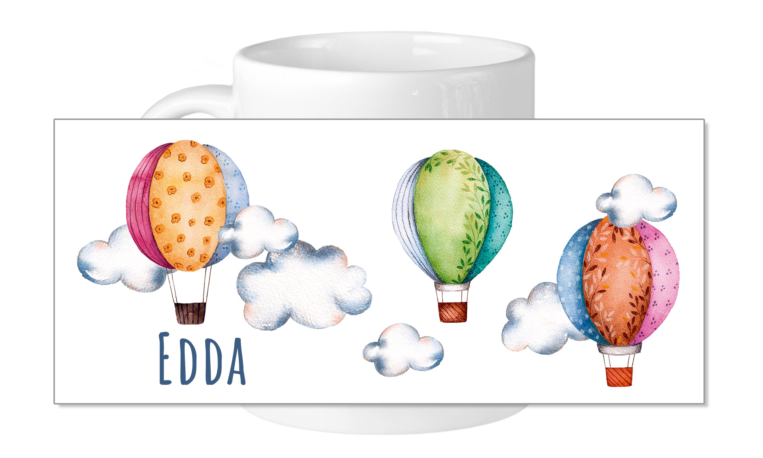 Bunte Heißluftballons mit Wolken und dem Namen Edda