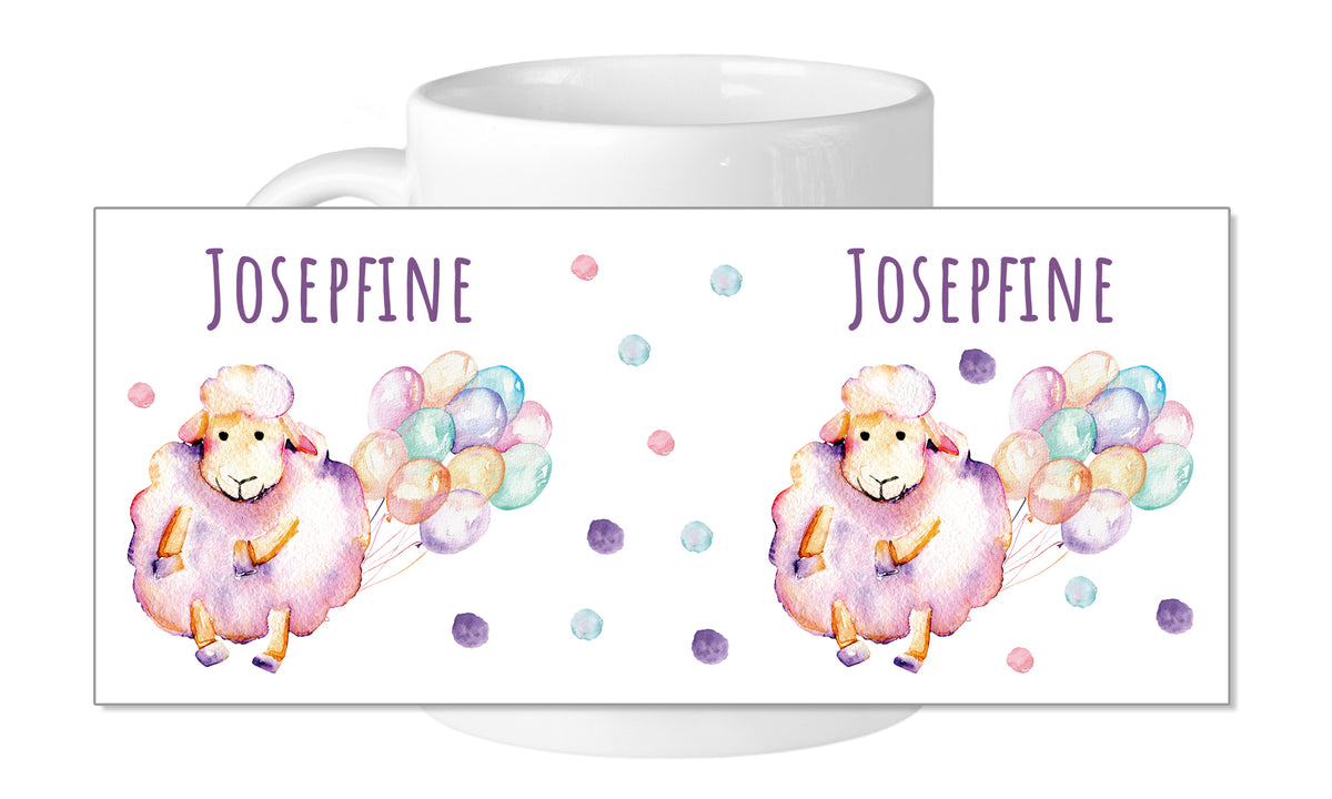 Kaffeetasse mit lila Schaf und bunten Luftballons.