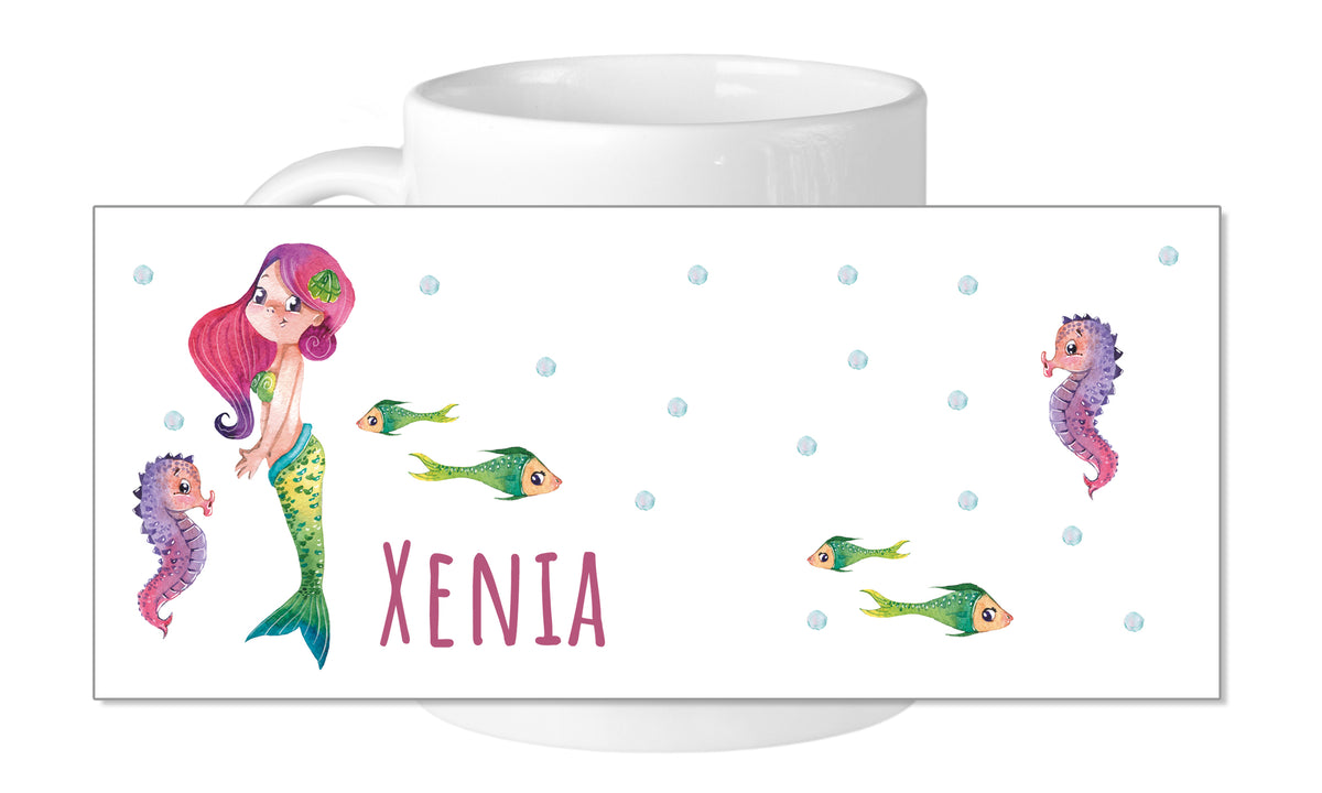 Tasse mit Meerjungfrau, bunten Fischen und Name Xenia.