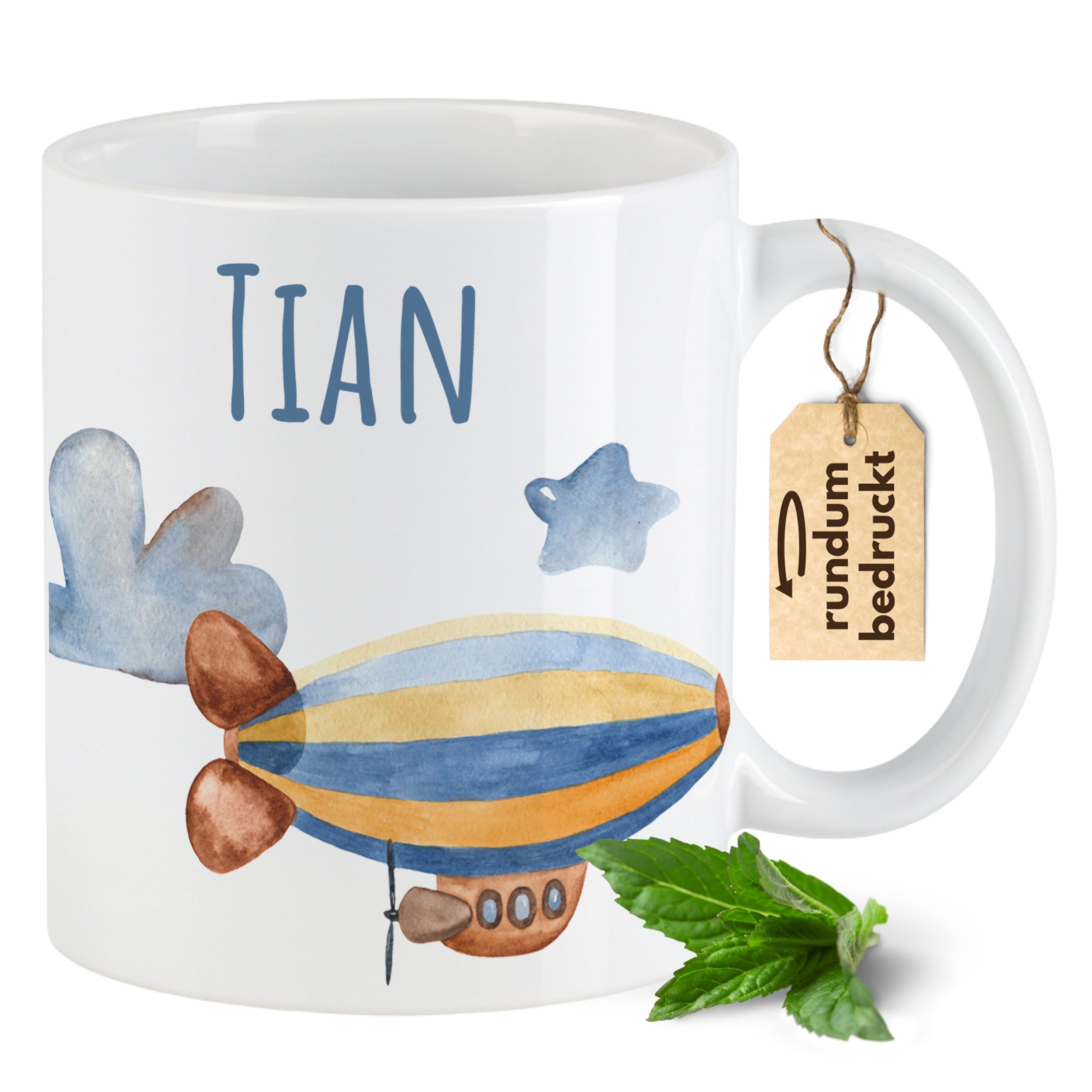 Weiße Tasse mit Luftschiff und dem Namen "TIAN".